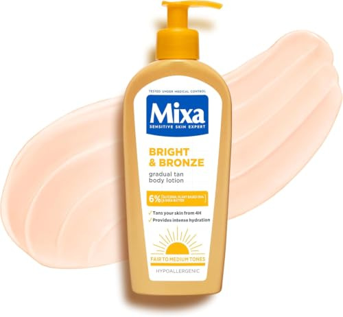 Mixa Body Lotion Bright & Bronze Gradual Tanning Intense Hydration 250ml | With 4% Glycerin and Plant-Based DHA, Natural and Even Looking Tan, 24H Intense Hydration, Hypoallergenic, Gradual Tanning