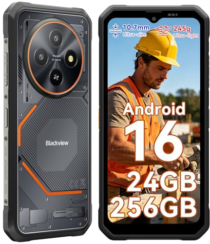 Blackview Rugged Smartphone Android 16, Ultra Sottile 10.7mm, 24GB+256GB/2TB Telefono Indistruttibile, Gemini AI, Display 6,56 HD+ 90 Hz, IP69K Impermeabile, 16MP+13MP, Dual 4G/NFC/3 Anni Garanzia
