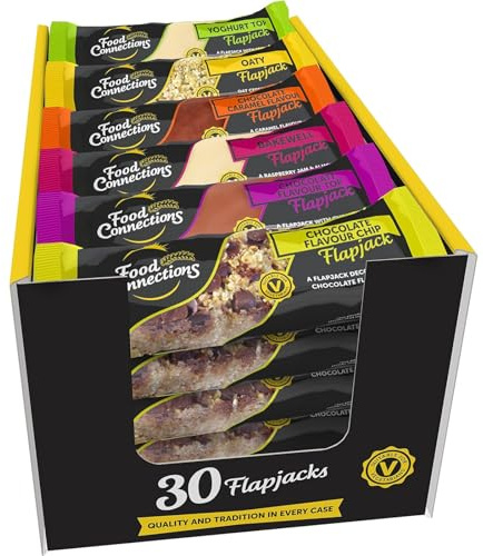 Food Connections Luxury Mix Flapjack Bars (Box of 30x 100g Bars) - Individually Wrapped Flapjacks Multipack of 30 in 6x Flavours: Bakewell, Chocolate Chip, Choc Caramel, Chocolate, Oat & Yoghurt.