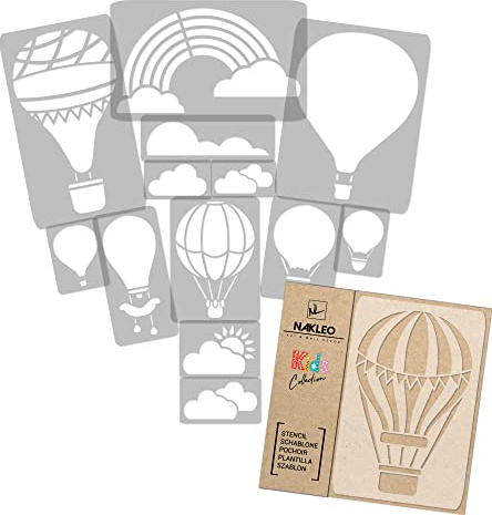 NAKLEO Plantillas para Pintar para Habitación Niños, 14 Stencil 9x12 a 23x34cm Globo Cesta Viaje, Patrón Plástico y Reutilizable para Dibujar, DIY Arte Decoración, Pared Madera Muebles Tejido