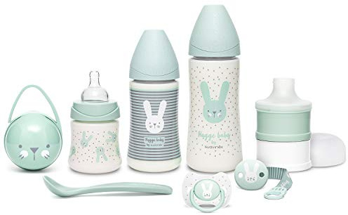 SUAVINEX Set Premium Regalo Recién Nacido con Biberón 150ml, 270ml y 360ml, Dosificador de leche, Chupete fisiológico desde 0 hasta 6 meses, Portachupetes, Broche y Cuchara,Color Verde