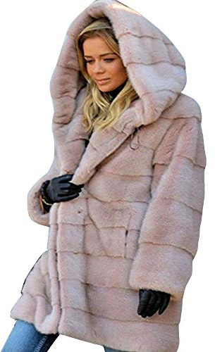 YAOTT Donna Lungo Morbido Cappotto in pelliccia sintetica con cappuccio Tinta unita Autunno inverno Cappotto Cardigan Giacca Calda Pink L