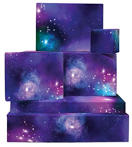 Papel de envolver espacial - 6 hojas de envoltorio de regalo y etiquetas - galaxia azul y púrpura - papel de regalo divertido para hombres, mujeres, niños y niñas - por Central 23