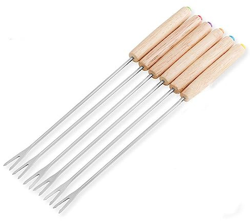 Set of 6 Stainless Steel Fondue Forks 9.4 Cheese Fruit Dessert Fork Barbecue Roasting Sticks with Wooden Handle for Kitchen Picnic Roast Meat Chocolate