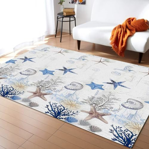 ZAPOXO Teppiche Gegend 80 x 150cm, Nautical Tropical Ocean Collection Kinderteppiche, Anker, Seestern, Muschel, Seepferdchen, Kindergarten Schule Teppich, für Schlafzimmer, Wohnzimmer, Kinderzimmer
