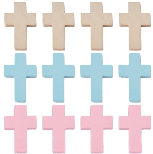 SUNNYCLUE 90 pieza de Dijes de Cruz de Madera, Coloridos Colores Macaron, Pequeños Dijes de Cruz de Madera A Granel, Mini Cuentas de Cruz Azul Y Rosa, Cruces de Bolsillo, Crucifijo de Vacaciones de Pa