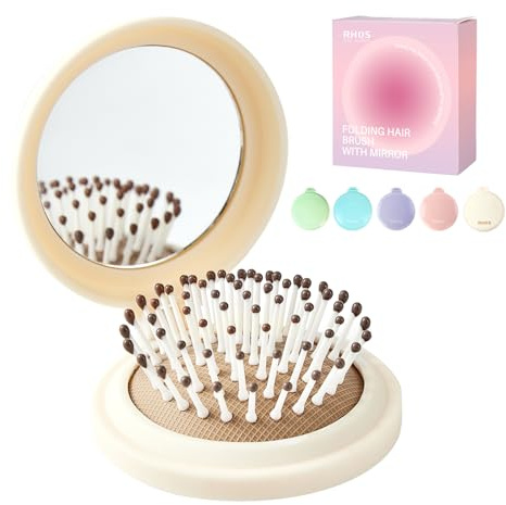 RHOS Compact Foldable Hair Brush with Mirror for Women, Men & Kids - Small Pocket & Portable Travel Brush (Beige)