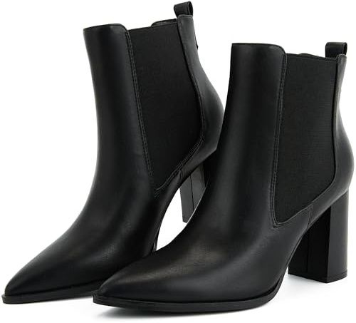 Putu Women's Pointed Toe Ankle Boots Chunky Heel Chelsea Boots Pull on Heeled Booties with Elastic Gore Black Size 7.5