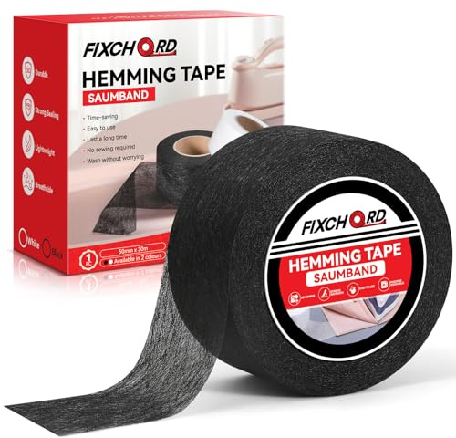 FIXCHORD Nastro Termoadesivo per Orlo, Nastro Wonder Web per Orli, Nastro Termoadesivo, Nastro per Tessuti Fusibili Extra Forte per Abbigliamento, Tende, Stiratura e Incollaggio, Nero, 30M*50MM