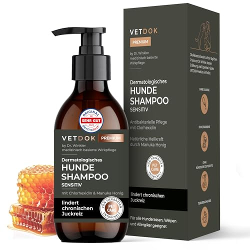 VetDok® by Dr. Winkler dermatologisches Hundeshampoo – Fellpflege Hund mit Manuka-Honig & Chlorhexidin – für alle Hunderassen, Welpen & speziell Allergiker – 250ml