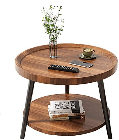 Moderna mesa de centro redonda de doble capa para sala de estar con pequeña mesa de té y mesita de noche, mesa esquinera de 48 cm de alto para balcón, acabado de nogal (40 cm)