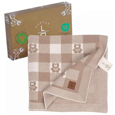 Little Dedi Baby Strickdecke, GOTS-Zertifiziert 100% Bio-Baumwolle mit Teddybären, weich & leicht, ideal zum Pucken und Kuscheln im Geschenkbox