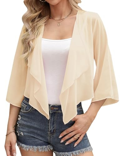 Aottori Bolero Mujer Verano Gasa Chaqueta Manga 3/4 Fiesta Toreras Elegante Corta Shrug Tops Casual Ligero Cuello en V Abrigo Primavera Otoño Champán XXL