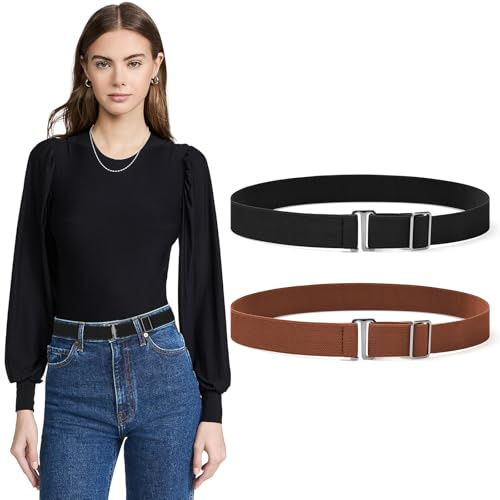 Sightor 2PCS Women No Show Stretch Belt, Adjustable Strap with Flat Buckle, Invisible Elastic Belt for Jeans Pants Dresses