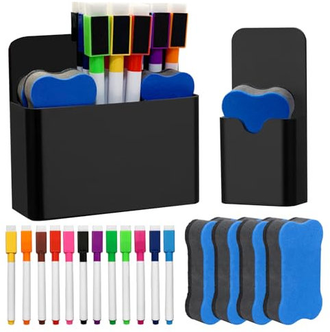 AYSYR Whiteboard Marker Lehrerbedarf Set,12 White Board Stifte mit 4 Schwamm Magnetisch,Whiteboard Stifte Abwischbar mit 2 Stifthalter Magnetisch,School Zubehör Leicht zu Lagern