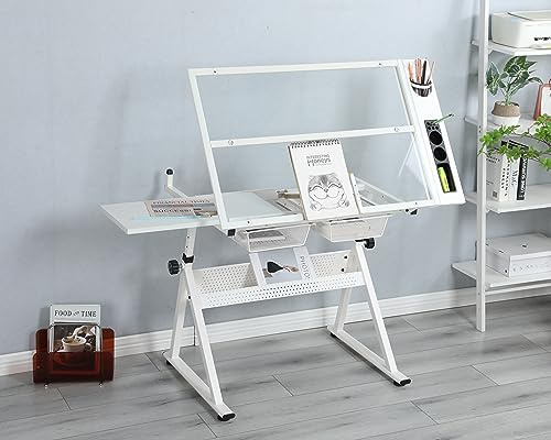 AOPNOMU Drafting Table with Stool, Height Adjustable Art Desk with Tilting Tempered Glass Tabletop, Expansion Board, and Multi-Storage, Drawing Table for Studio, Artists, Home Office, Painters, White
