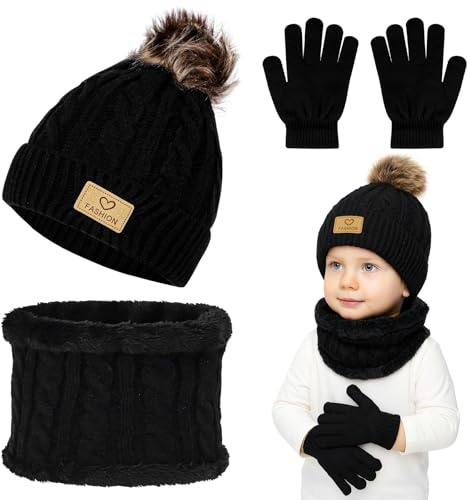 Winmany 3PCS Enfants Chapeaux D’hiver Gants Écharpe Ensemble Enfant Polaire Cou Cache-Bonnet Avec Pom Tricot Mitaines Ensemble pour Fille Garçon (Noir)