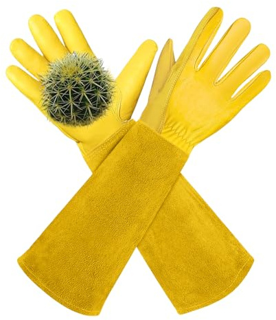 AMFUN Guanti da Giardinaggio in Pelle, Guanti di Sicurezza da Lavoro Resistenti Alle Spine, Maniche Lunghe per Avambraccio per Potatura Delle Rose, Giardinaggio, da Costruzione (L)