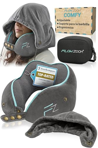 FLOWZOOM Comfy Almohada de Viaje Viscoelástica con Capucha para Avión y Coche – Cojín de Cuello Ajustable con Soporte 360°, Funda de Felpa Suave y Lavable y Bolsa de Malla Compacta - Gris