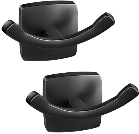 Simple Time Towel Hooks for Bathrooms Zinc Alloy Rustproof, Wall Mounted Double Hooks for Bathroom, Shower, Kitchen, Door, Hanging Bath Towel, Robe, Coat, Key, Loofah, Matte Black 2 PCS
