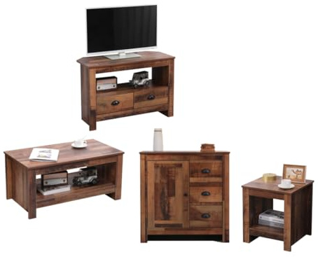 FUSIDE 4-Piece Living Room Set Wooden Furniture Set Includes Corner TV Stand, Coffee Table, Sideboard Cabinet & End Table Living Room Tables Set with Storage Drawers for Home Office,Rustic