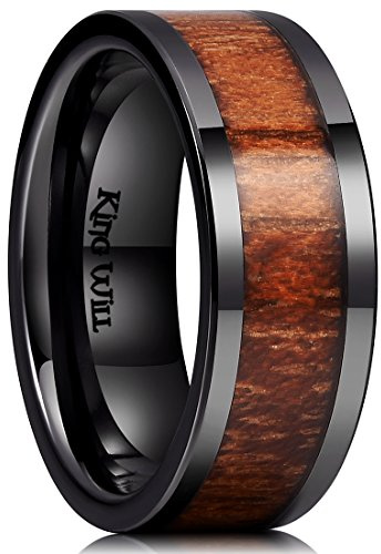 King Will NATURE Ceramic Wedding Ring for Men Women-8mm Wide Black Koa Wood Inlay Wedding Band High Polished Finish Comfort Fit Engagement Ring 11