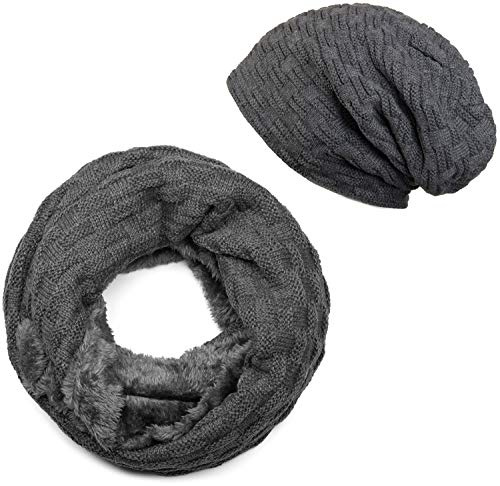 styleBREAKER Set med stickad mössa och halsduk,Mörkgrå