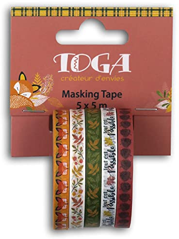 DRAEGER PARIS 1886 Toga by Set de 5 Rubans Washi Tape Fleuri Thème Renards et Fleurs - Orange, Jaune, Vert, Rose - 0,6 cm x 5 m - Décoration Bullet Journal, Agenda, Créatif - Adhésif Réutilisable