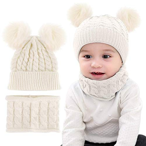 CheChury Niños Sombrero y Bufanda Conjunto Unisex Niños Niñas Invierno Bebe Gorros con Pompon Y Bufanda de Punto Cuello Redondo para 0-24 Meses Niña Niño