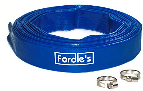 Fordle’s 10m x 25mm Diameter Layflat Discharge Hose Pipe Compatible with Submersible Water Pump – Blue PVC Reinforced with Polyester– Includes 2 Clips