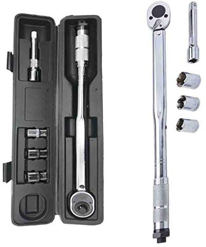 Torque Wrench 28-210Nm 1/2 Drive,Torque Wrench Set Extension Bar & 17mm 19mm 21mm Socket & Storage Box Silver