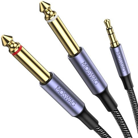 MOSWAG Câble Audio 3.5mm vers Double 6.35mm 2M, 6.35 vers 3.5 Mâle Y Splitter TRS Jack, Plaqué Or Nylon Tressé 3,5mm à 2X 6,35mm Splitter Câble pour Amplificateur, Cinéma Maison