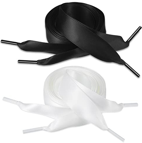 Geosar Cordones de Cinta de Raso 2 Pares Cordones para Zapatillas Zapatos Planos Botas (Negro, Blanco)