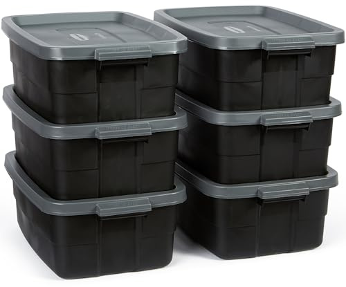 Rubbermaid 6-Pack Totes for Storage with Lids, Heavy Duty Plastic Storage Bins with Lids, Black Gray, 10 GAL - Stackable for Garage, Attic, Camping (10 GAL - 6 Pack Solid Black and Grey)