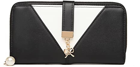 Miss Lulu Women Purse Tri Colour Look-V Long Wallet Clutch for Ladies PU Leather with Zipper Roomy Capacity, Black-2