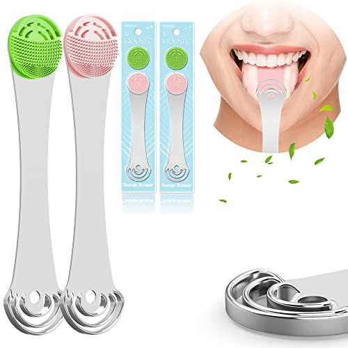 Strumento per la Pulizia del Raschietto per Lingua 2 in 1 con Spazzola in Silicone, 100% Acciaio Inossidabile, Facile da Usare e da Pulire (03)