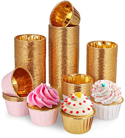 150 Stücke Muffinförmchen Papier, Cupcake Förmchen, Wasserdicht und Ölfest Backförmchen Papier, Backförmchen aus Aluminiumfolie für Heim oder Party - Gold/Weiß/Roségold Cupcake (68 x 40mm)