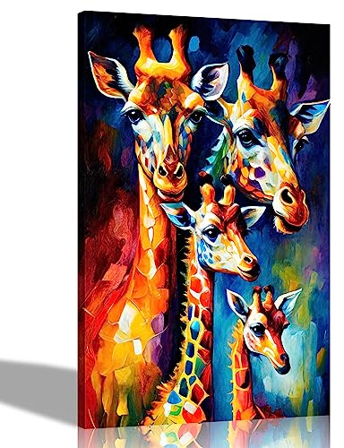 Artley tryck – giraff familj med 4 kanvas väggdekoration väggkonst bilder l moderna porträtttryck | abstrakt konstverk för vardagsrum sovrum 40 x 30 cm (16 x 12 tum) A3