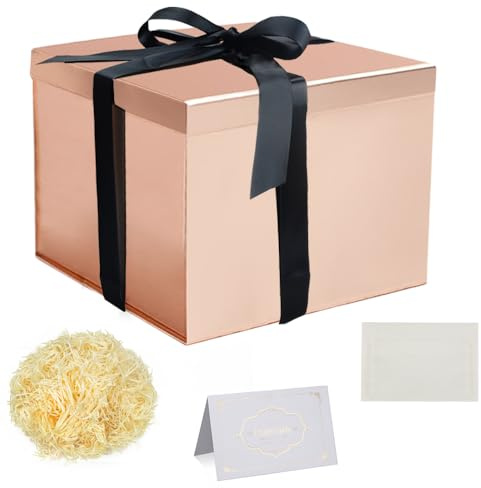 Caja Regalo oro rosa con tapas Caja regalo 23x23x18cm profundo con cinta Papel seda triturado Tarjetas felicitación para Navidad Cumpleaños Aniversario Bodas
