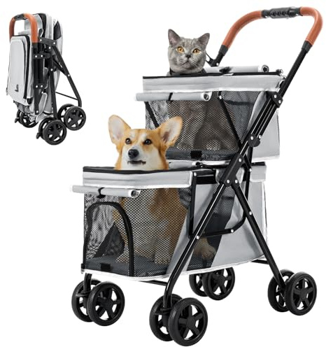 LPOTIUS Double Pet Stroller for Dogs and Cats, One-Hand Folding Dog Stroller Travel Carriage for Small Medium Dogs Cats, 4 Wheels, Gray