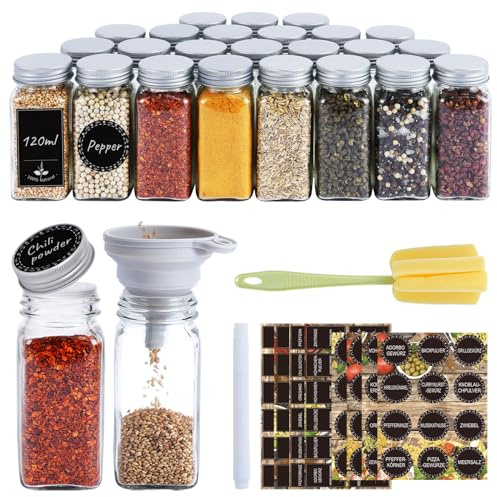 Ferghana 24Pcs Pot a Epices, 120ml Bocaux Epices, Pots à Épices avec couvercle Petit Pot Epice, Rangement Epices Cuisine avec Etiquette Stylo Entonnoir Brosse pour Rangement Epices Cuisine Accessoires