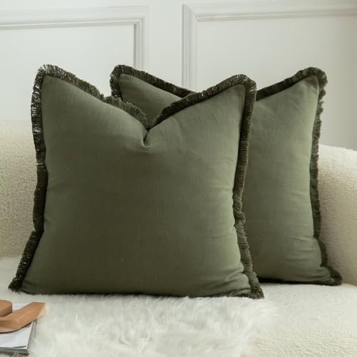 Mandioo 2er Set neutralen Baumwolle Quasten Kissenbezug 40x40cm Dekorative Kissenbezüge Dekokissen Boho Sofakissen Kissenhülle für Couch Sofa Schlafzimmer Wohnzimmer Heimdekoration Olivgrün