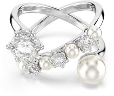 Swarovski Anillo de Cóctel Matrix, Adornado en Diagonal con una Variedad Zirconia Crystal Pearls, Diseño Abierto, Colección Matrix, Talla Redonda, Baño de Rodio, Blanco