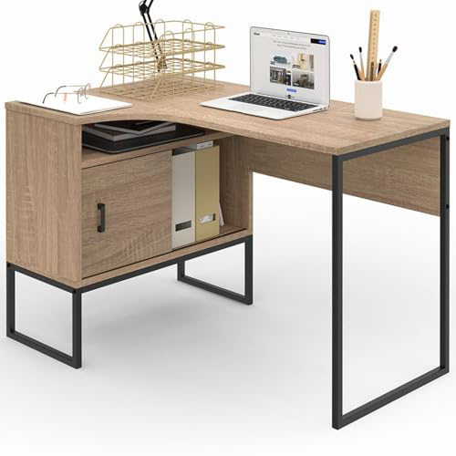 IDMarket – Escritorio de esquina Rob con forma de haya y negro, nicho de almacenamiento y puerta, diseño industrial