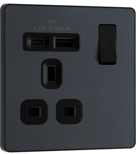 BG Electrical 18W Single Switched Power Plug Wall Socket with Type A USB and Type C USB Charging Ports, Fast Charge, Screwless Front Plate, Evolve, Matt Grey, 13A, PCDMG21UAC18B