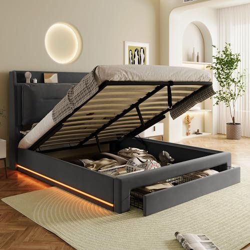 Rtopsu Polsterbett Doppelbett 180x200 cm mit LED-Licht und Bettende Stauraum Schublade, Bett mit Stauraum und Kopfteil, Hydraulisches Bett mit Lattenrost aus Holz, DunkelGrau, Samt, Ohne Matratze