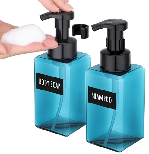Segbeauty Dispensador Espuma Jabon, 2 Piezas 450ml Dispensador Jabon Baño, Botes Gel y Champu Rellenables Baño, con Etiquetas, para Cocina (Azul)