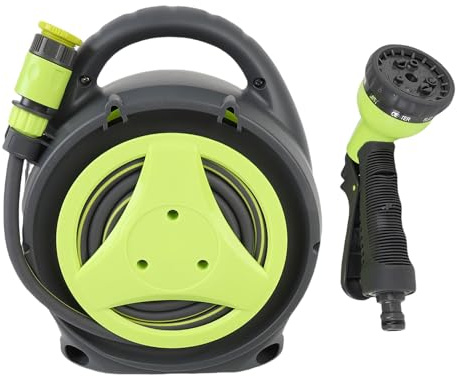Syrisora - Carrete de manguera de riego, enrollador de manguera con boquilla de pulverización, bobinador de manguera portátil, enrollador de manguera de jardín verde de alta eficiencia con boquilla