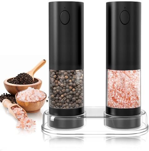 Electric Salt and Pepper Grinder Set, 2 Pack Rechargeable Automatic Salt and Pepper Grinder, One Hand Operation with LED Light, 5 Adjustable Coarseness Levels, Refillable & Washable, 95ml, Black