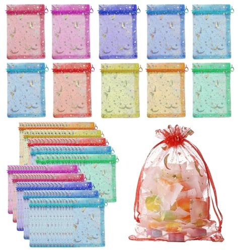 150PCS Multi-Colored Organza Gift Bags, 7x9cm Moon Stars Organza Bags Small, Small Gift Bags for Jewellery With Drawstring, for Weddings Christmas and Birthday Parties